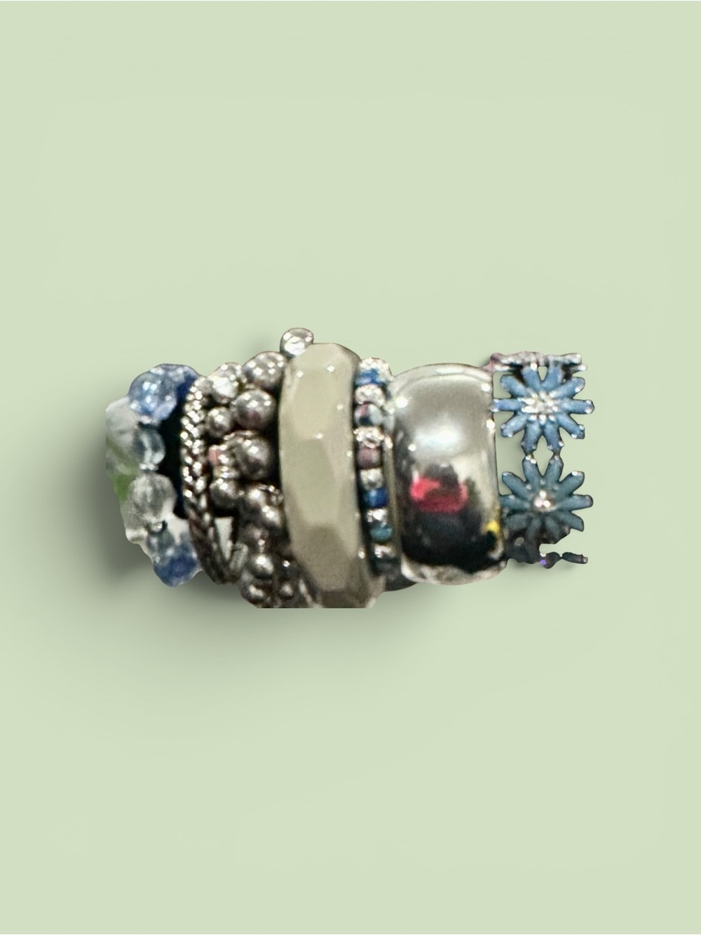 Y2K Boho Silver Blue Beaded Bracelet Stack Floral Enamel Chunky Statement Set